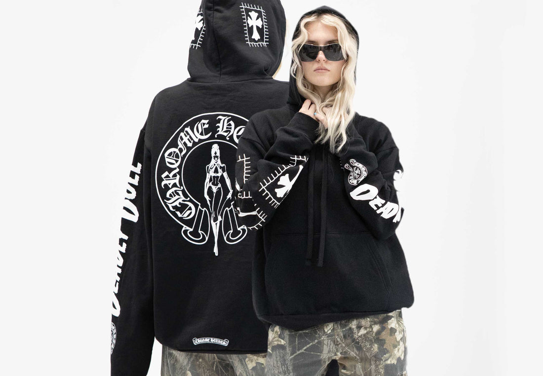 Chrome hearts collection page image showcasing a female model wearing the all black Chrome Hearts Horseshoe woman Thermal Zip Up Hoodie