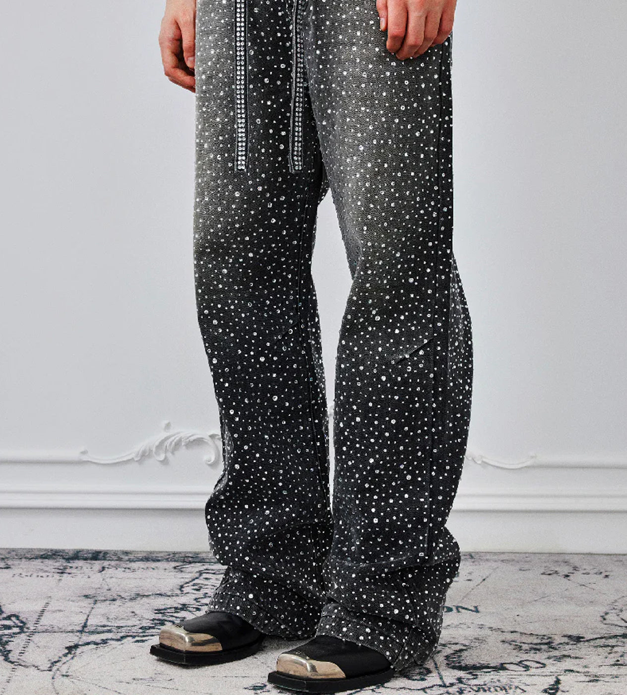 Birth of Royal Child 3D Printing Washed 20K Swarovski Diamond Boro Denim Pants Black