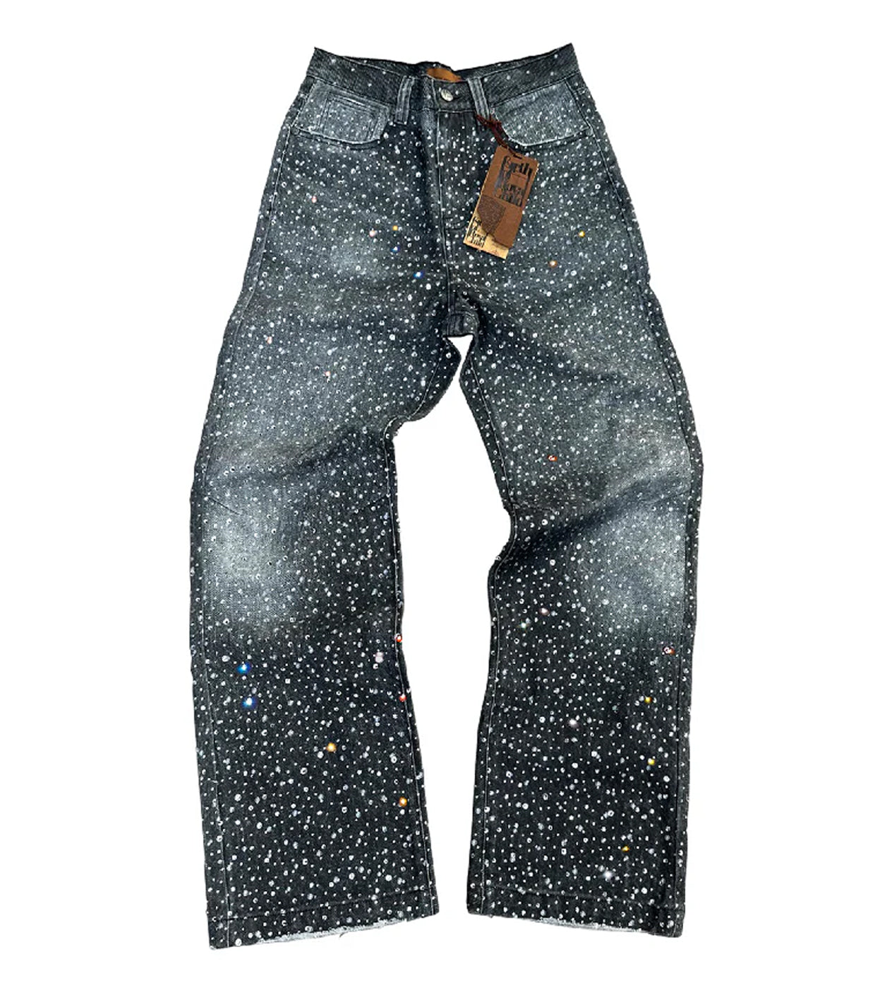 Birth of Royal Child 3D Printing Washed 20K Swarovski Diamond Boro Denim Pants Black