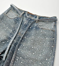 Birth of Royal Child 3D Printing Washed 20K Swarovski Diamond Boro Denim Pants Blue
