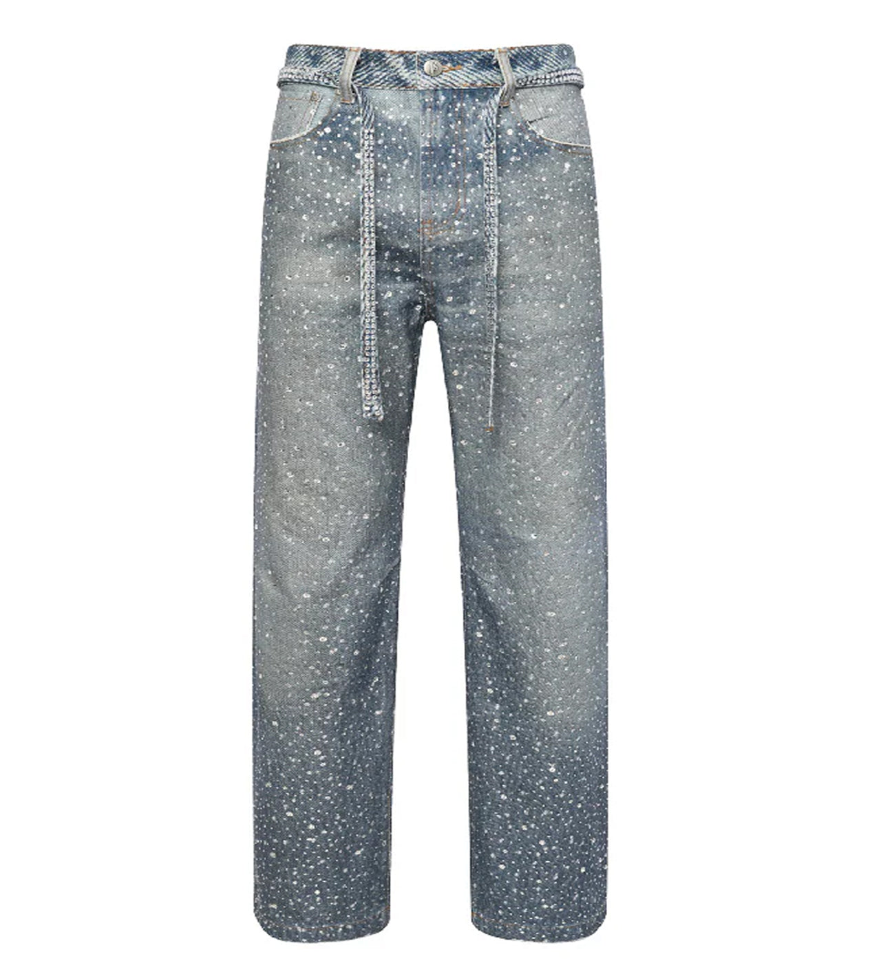 Birth of Royal Child 3D Printing Washed 20K Swarovski Diamond Boro Denim Pants Blue