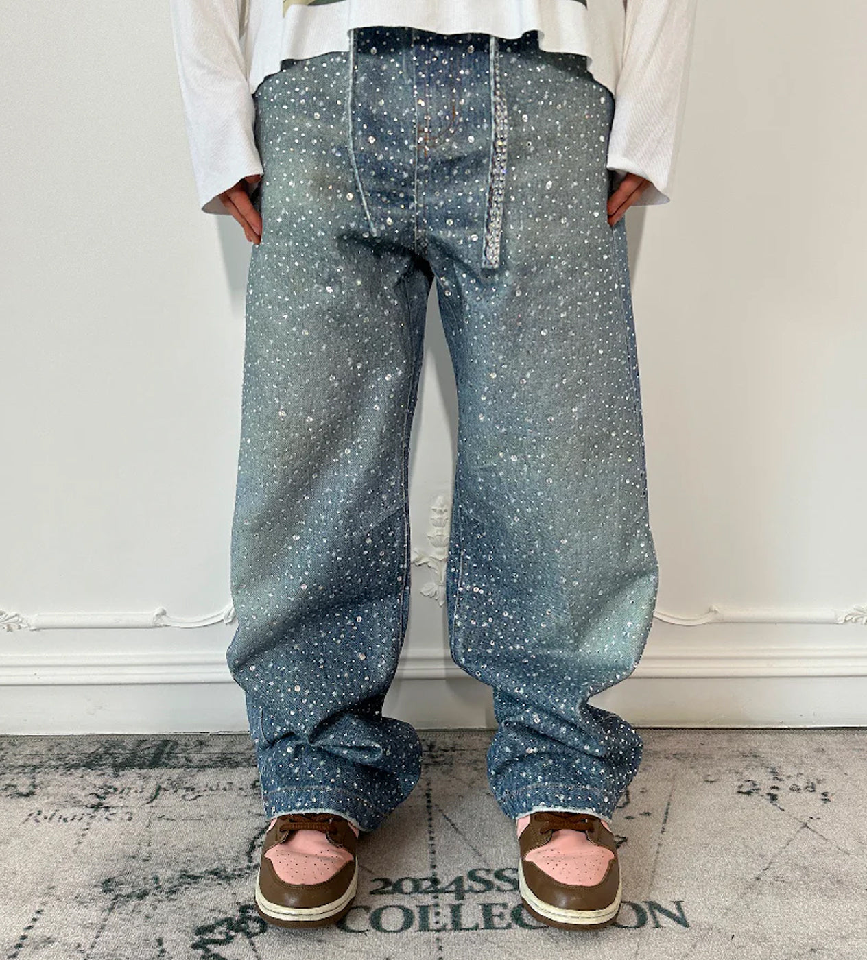 Birth of Royal Child 3D Printing Washed 20K Swarovski Diamond Boro Denim Pants Blue