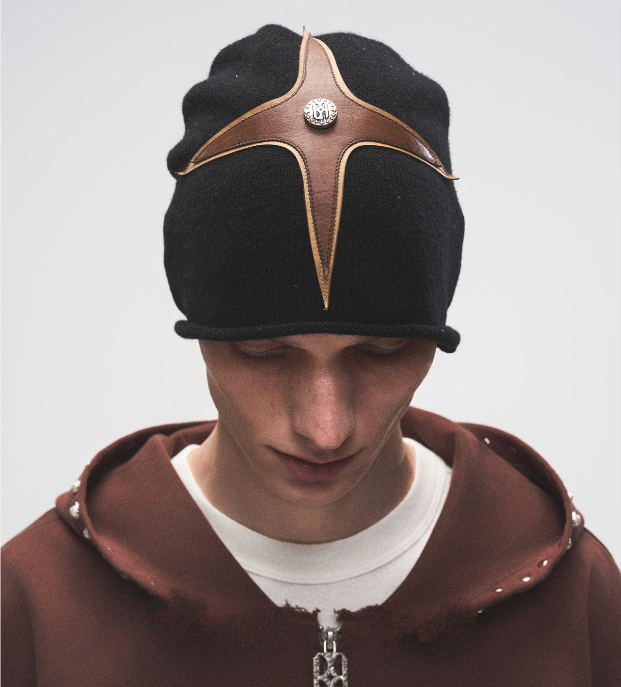 Birth of Royal Child Cross Patchwork Leather Beanie black