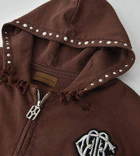 Birth of Royal Child Pearls Studded Boxy Zip Up Brown