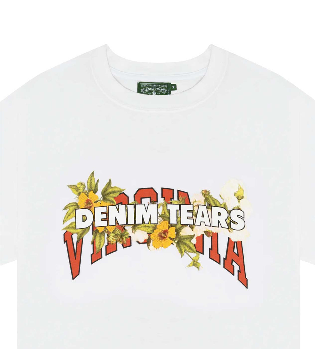 Product Image Of Denim Tears Virginia White Tee Close Up Front View