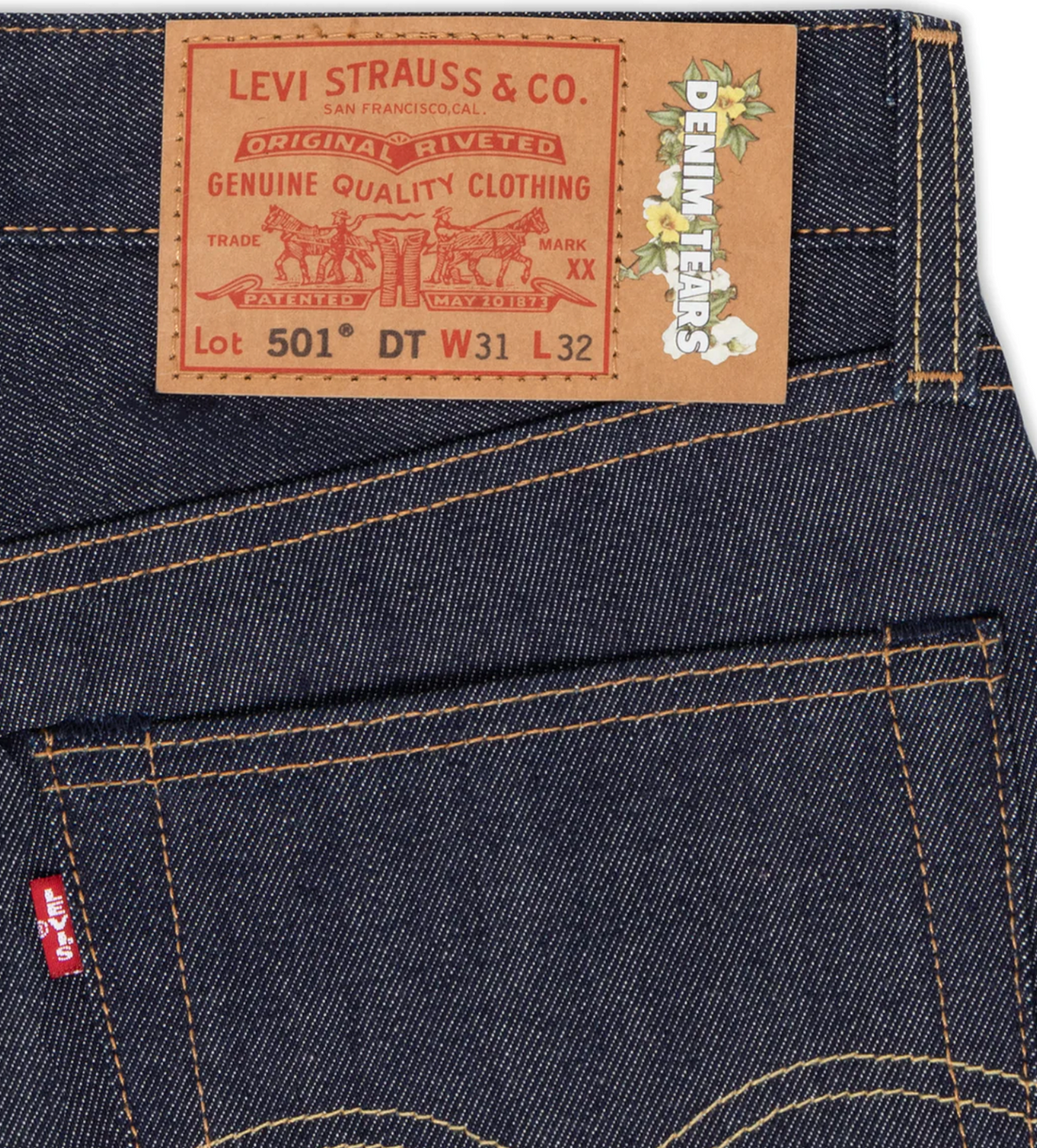 Denim Tears x Levi's Cotton Wreath Raw Selved Denim Jeans, Detailed Tag View