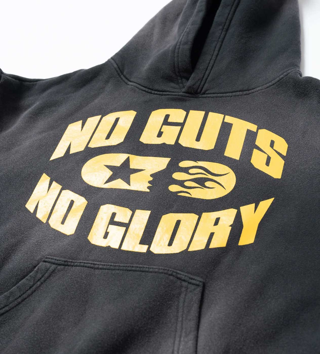 Hellstar No Guts No Glory Faded Black Hoodie Front View Close