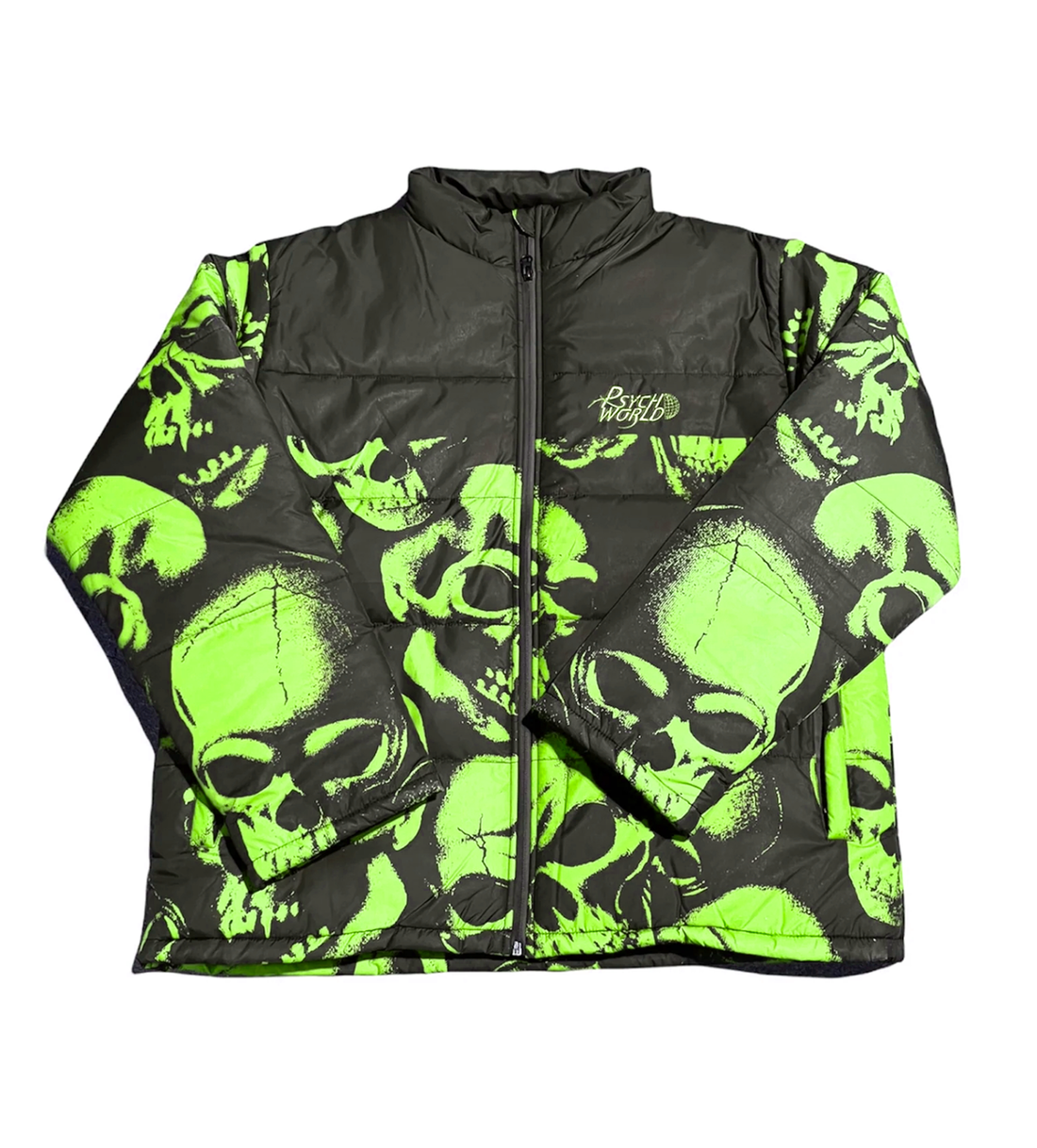 Psychworld Black Lime Green Skull Print Puffer Jacket