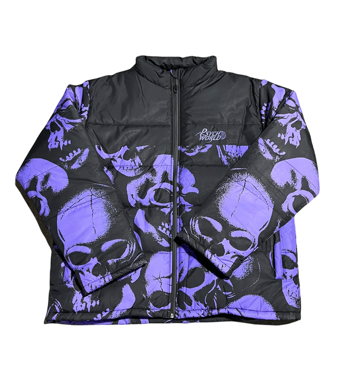 Psychworld Black Purple Skull Print Puffer Jacket