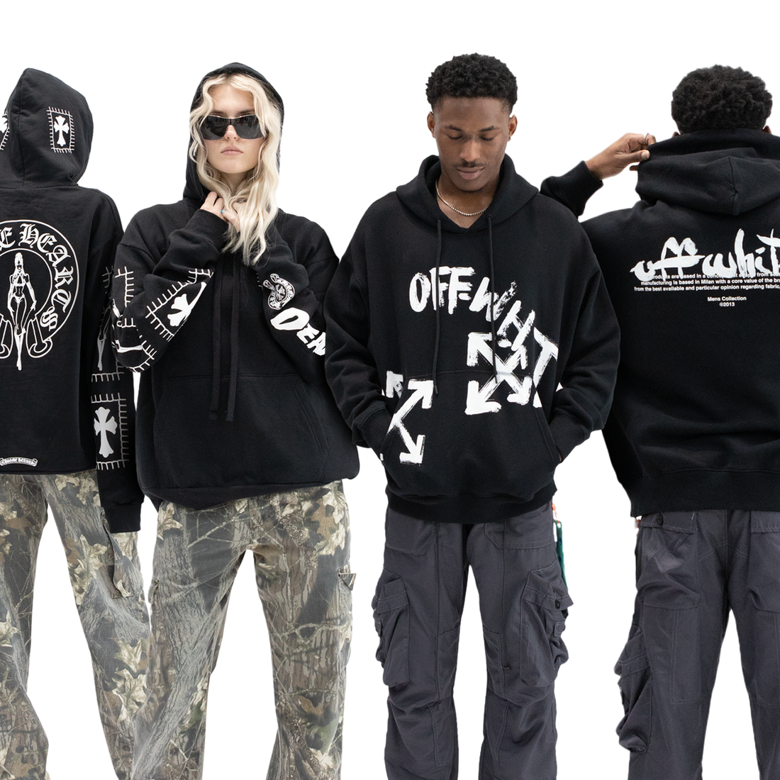 Restock AR Banner Featuring 4 Models Wearing Off-White Hoodies, Chrome Hearts Hoodies, and Hellstar Studios Collection.