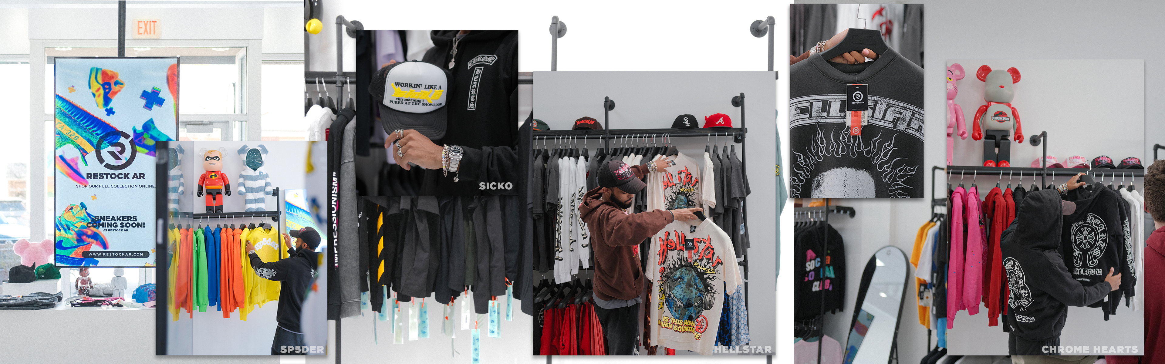 This is a collage of images from inside the Restock AR sneaker and streetwear store front, showcasing our clothing collection, accessories, and store design.