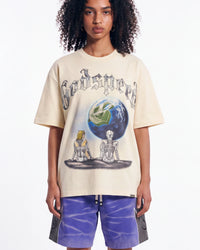 Godspeed Artificial Love II NG Tee bone, upper body front view on model showing the two robots and Earth graphic