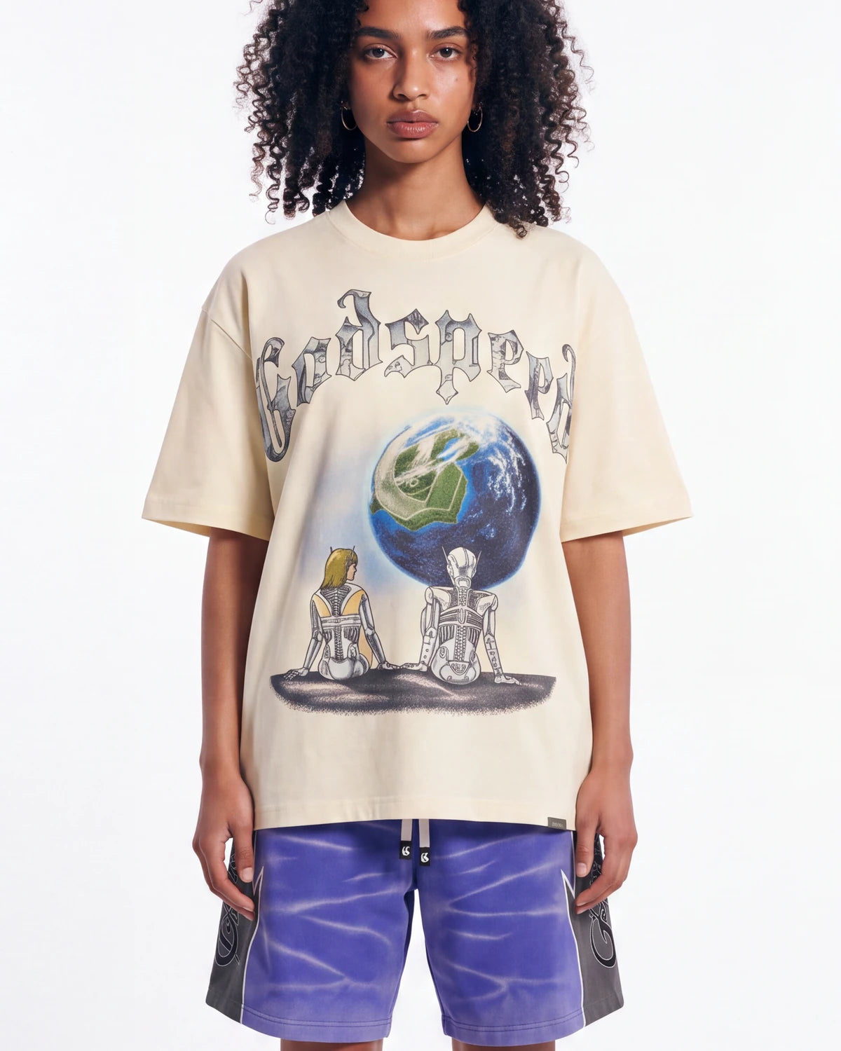 Godspeed Artificial Love II NG Tee bone, upper body front view on model showing the two robots and Earth graphic