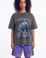 Godspeed Artificial Love II NG Tee grey, upper body front view on model showing the skeletons and cracked Earth graphic
