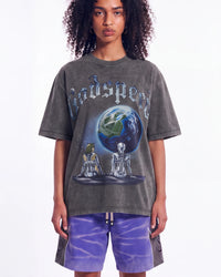 Godspeed Artificial Love II NG Tee grey, upper body front view on model showing the skeletons and cracked Earth graphic