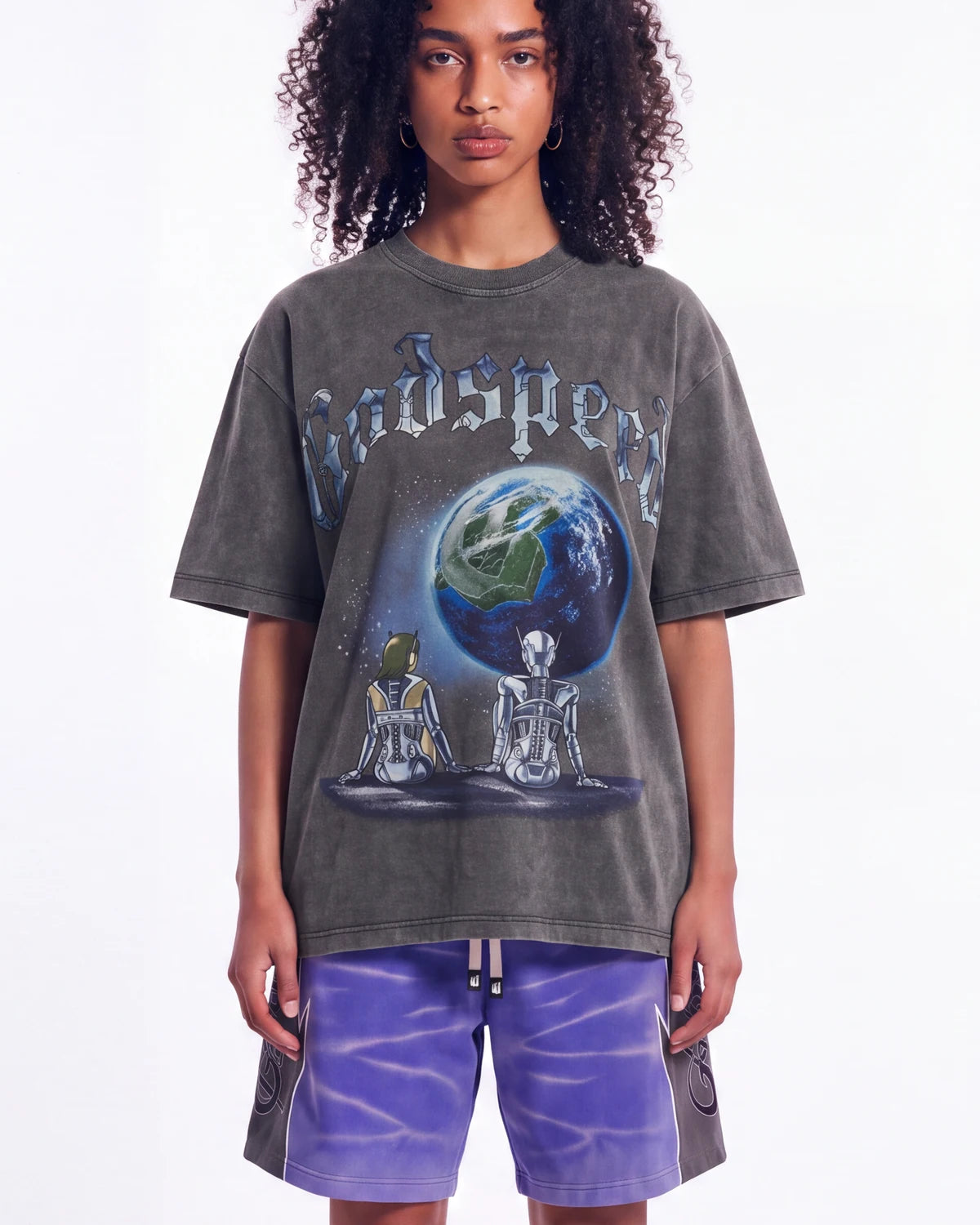 Godspeed Artificial Love II NG Tee grey, upper body front view on model showing the skeletons and cracked Earth graphic