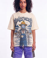 Godspeed Aura Farm II NG Tee bone, upper body front view on model showing the robot farmhand graphic