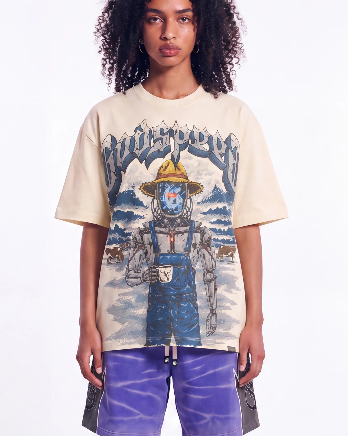 Godspeed Aura Farm II NG Tee bone, upper body front view on model showing the robot farmhand graphic