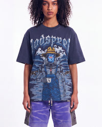 Godspeed Aura Farm II NG Tee navy, upper body front view on model showing the robotic farmer and gothic Godspeed graphic