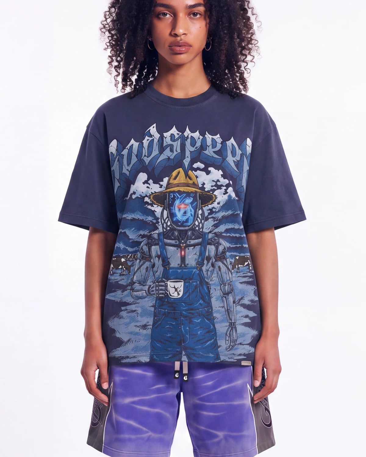 Godspeed Aura Farm II NG Tee navy, upper body front view on model showing the robotic farmer and gothic Godspeed graphic