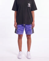 Godspeed Halftime Shorts V2 Blue Acid Wash, worn on-model view showing the fit through the leg