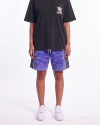 Godspeed Halftime Shorts V2 Blue Acid Wash, worn on-model view showing the fit through the leg