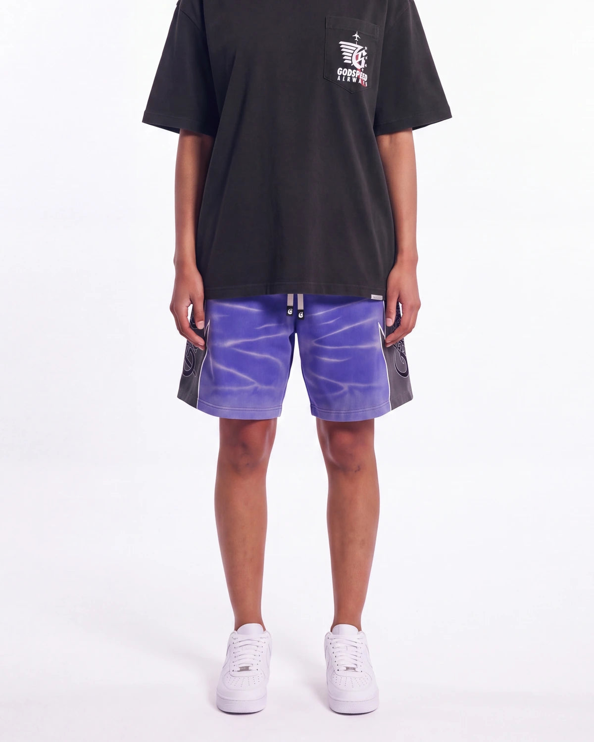 Godspeed Halftime Shorts V2 Blue Acid Wash, worn on-model view showing the fit through the leg