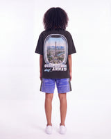 Godspeed Halftime Shorts V2 Blue Acid Wash, worn by a model, full-length back view