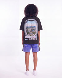 Godspeed Halftime Shorts V2 Blue Acid Wash, worn by a model, full-length back view