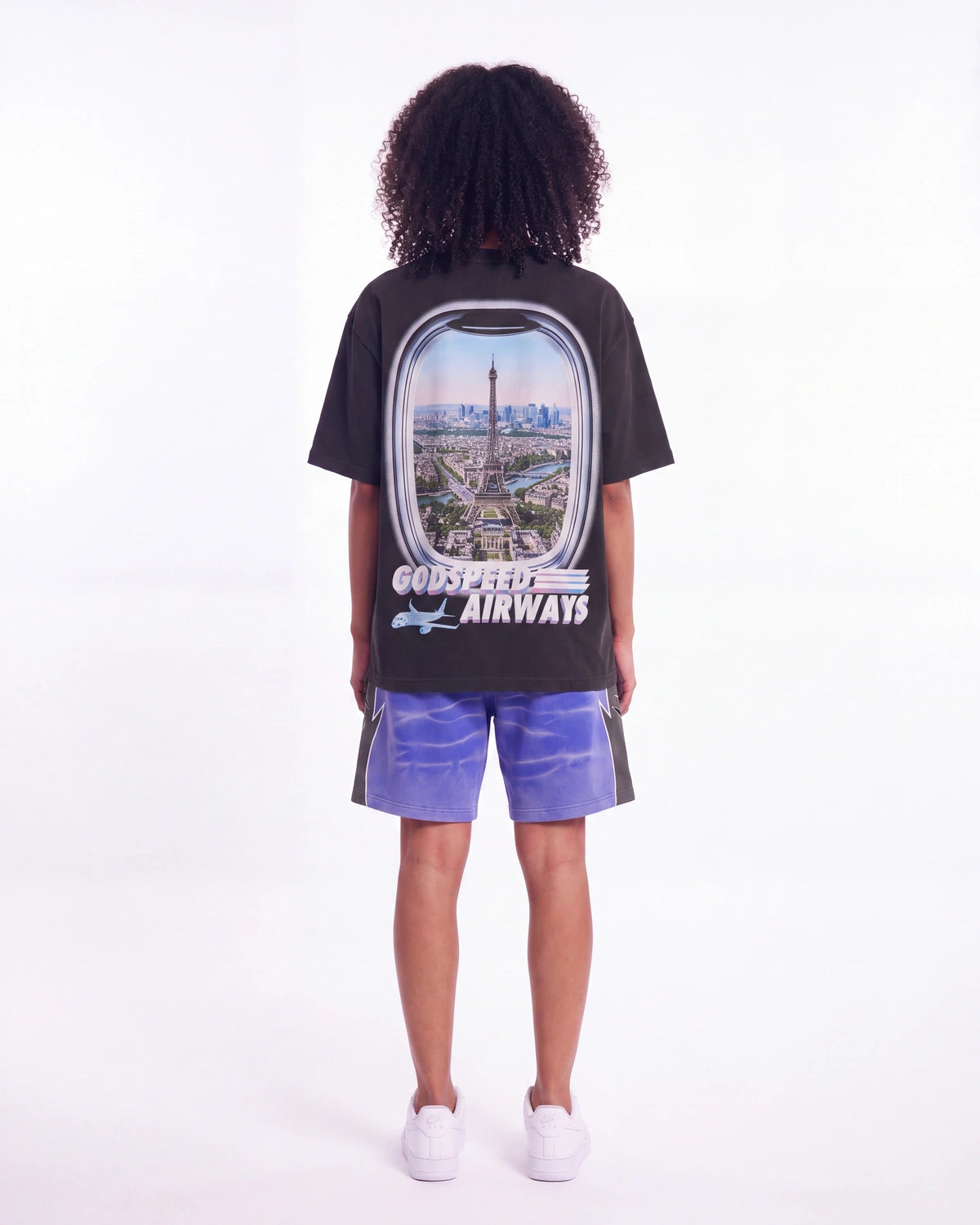 Godspeed Halftime Shorts V2 Blue Acid Wash, worn by a model, full-length back view
