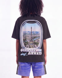 Godspeed GS Air Paris Pocket Tee black, upper body rear view on model showing the Eiffel Tower window print