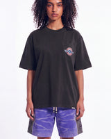 Godspeed GS Air NYC Pocket Tee black, upper body front view on model showing the GODSPEED AIRWAYS chest pocket roundel