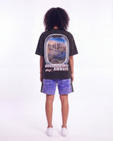 Godspeed GS Air NYC Pocket Tee black, full rear view on model showing the Manhattan skyline airplane-window print