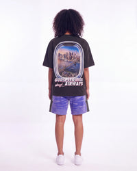 Godspeed GS Air NYC Pocket Tee black, full rear view on model showing the Manhattan skyline airplane-window print