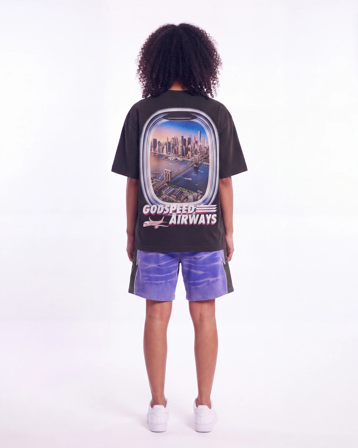 Godspeed GS Air NYC Pocket Tee black, full rear view on model showing the Manhattan skyline airplane-window print