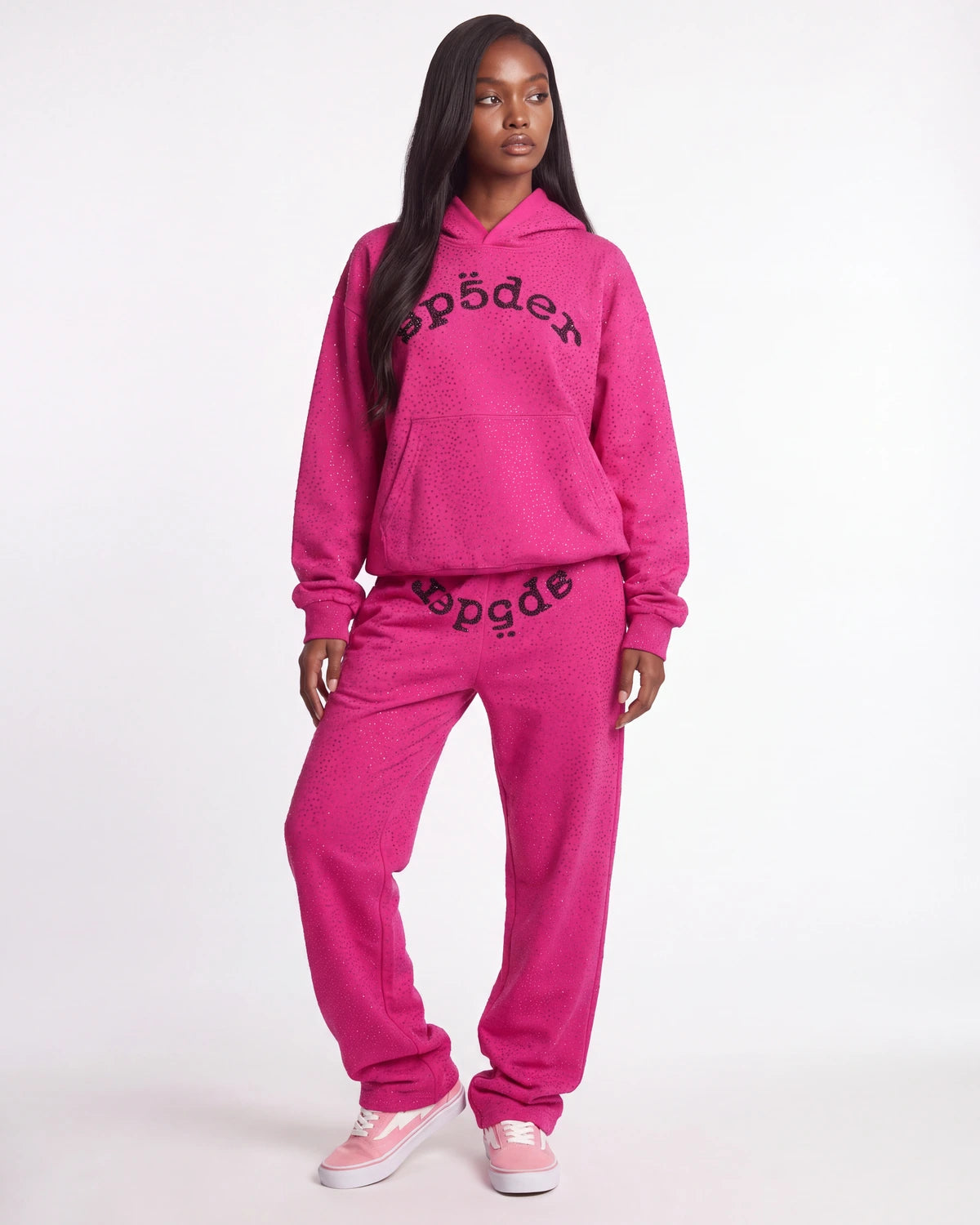 Sp5der Rhinestone OG Logo V2 Wide Leg Sweatpants Pink
