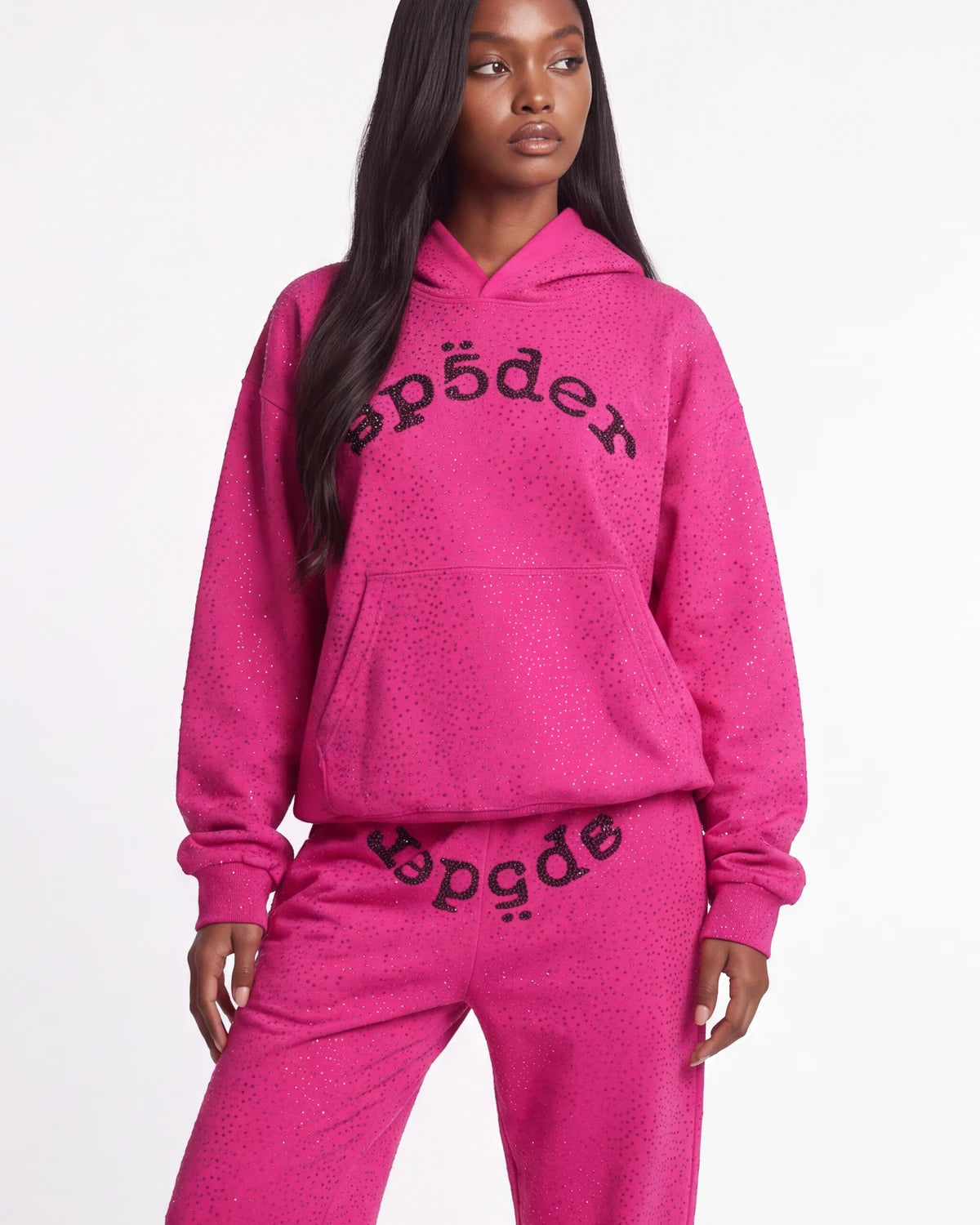 Sp5der Webstone AOP Rhinestone Hoodie Pink