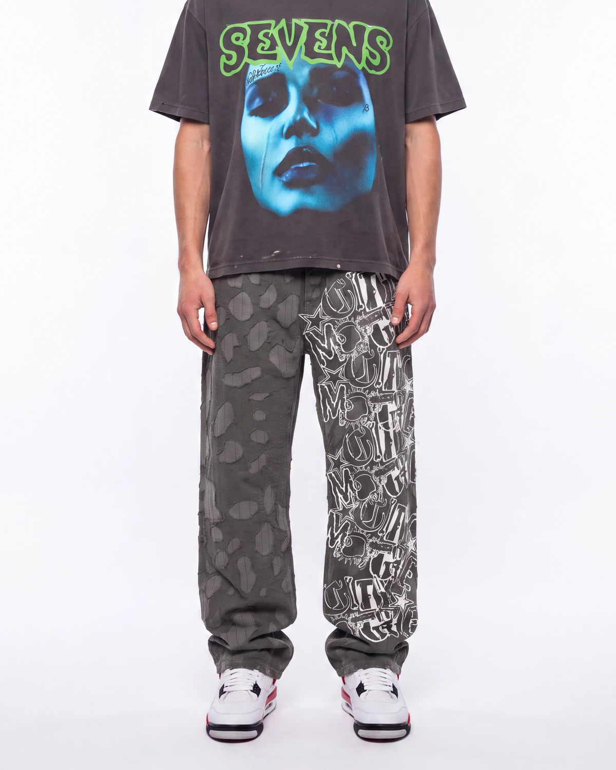Revenge Graffiti Distressed Boro Denim Pant Grey