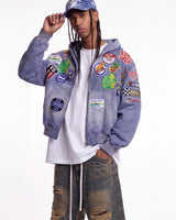 Vale Forever Passport Zip Up Denim Jacket blue, upper body front view on model showing the embroidered patches
