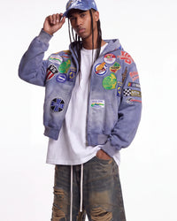 Vale Forever Passport Zip Up Denim Jacket blue, upper body front view on model showing the embroidered patches