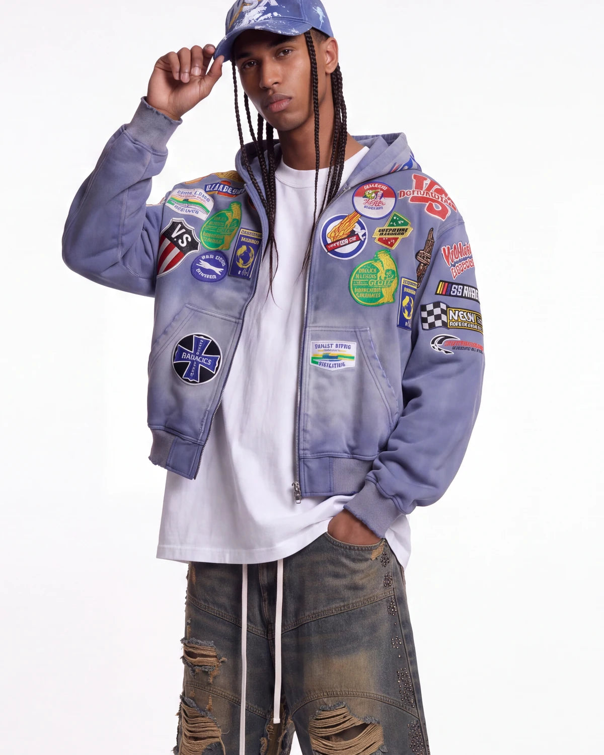 Vale Forever Passport Zip Up Denim Jacket blue, upper body front view on model showing the embroidered patches