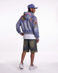 Vale Forever Passport Zip Up Denim Jacket blue, full rear view on model showing the patched back and hood