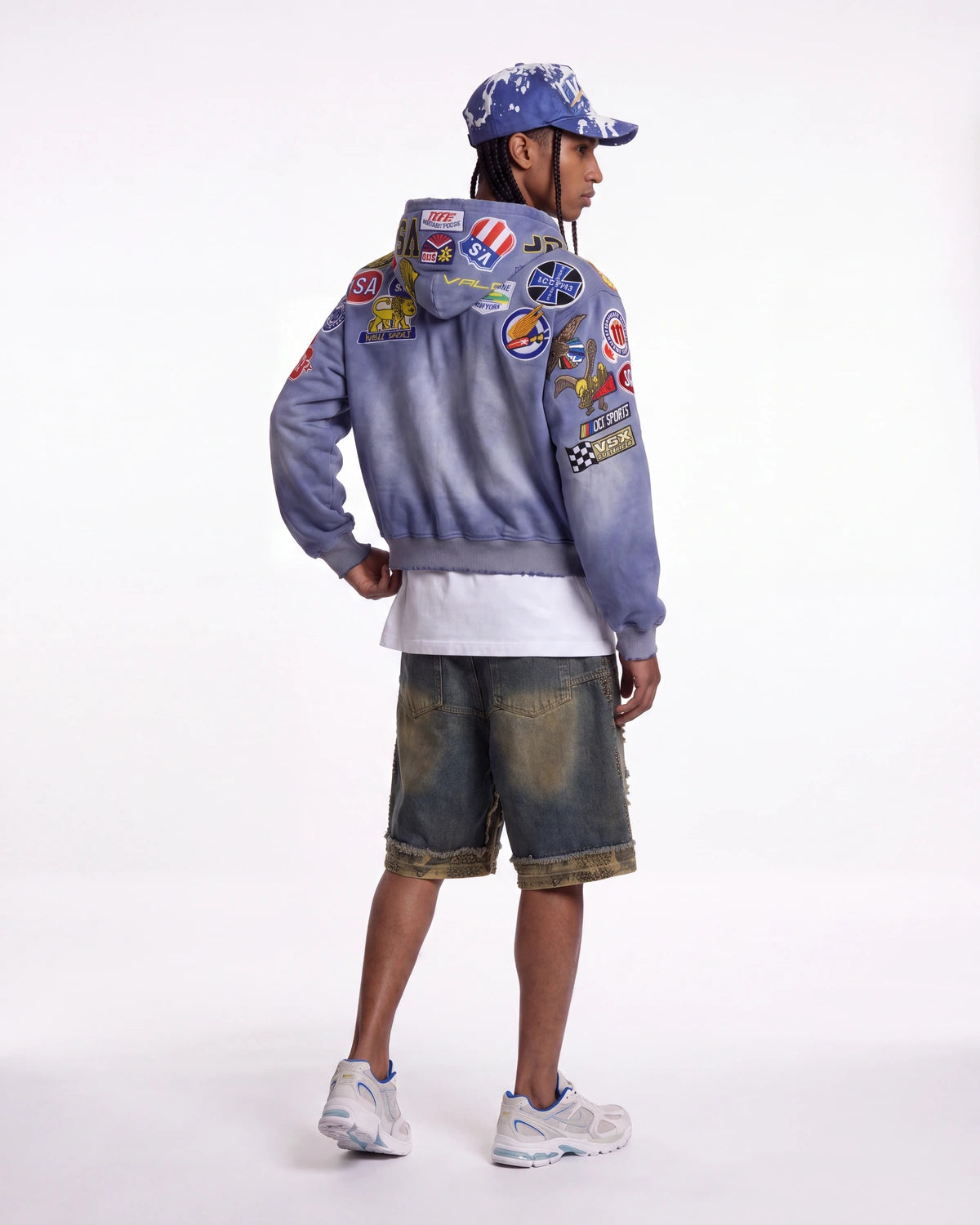 Vale Forever Passport Zip Up Denim Jacket blue, full rear view on model showing the patched back and hood
