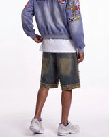 Vale Forever Double Jorts blue, waist-down rear view on model showing the frayed under-hem