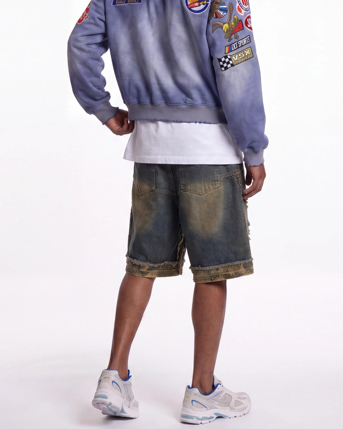Vale Forever Double Jorts blue, waist-down rear view on model showing the frayed under-hem