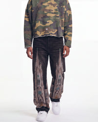 Bravest Studios Cathedral Denim Pants black, waist-down front view on model worn with a camo crewneck