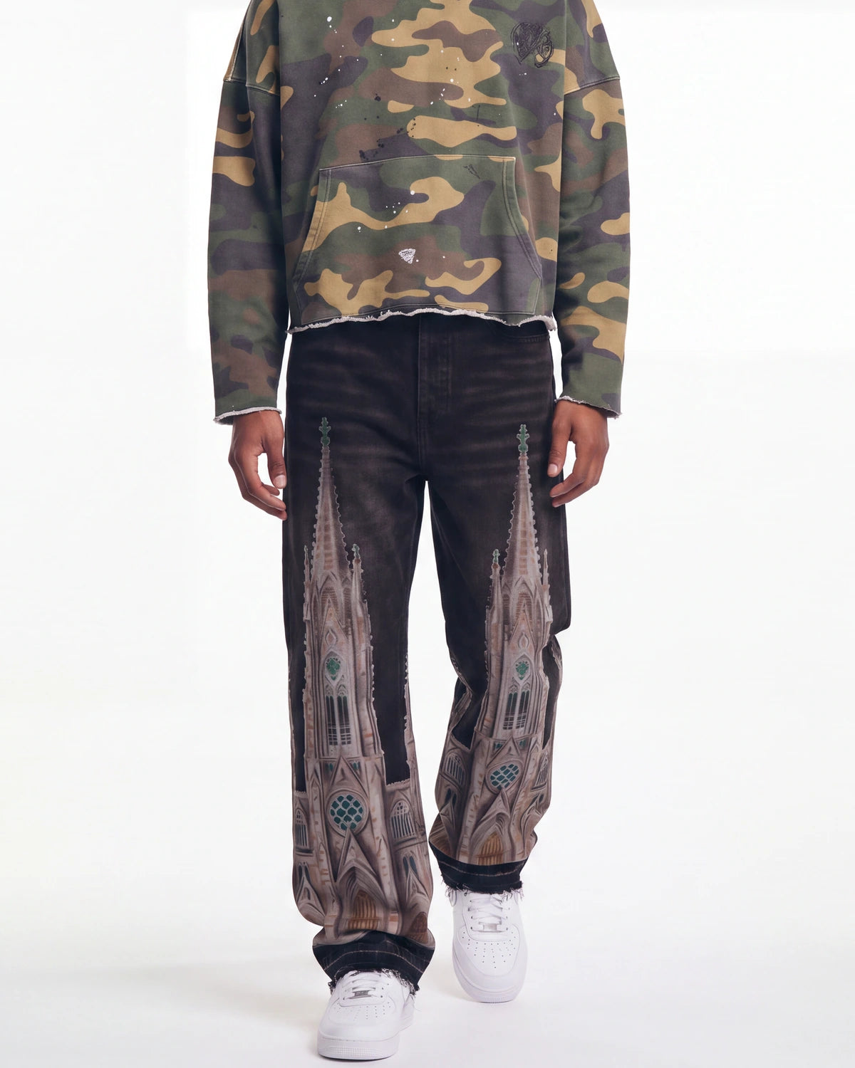 Bravest Studios Cathedral Denim Pants black, waist-down front view on model worn with a camo crewneck