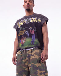 Vale Forever Tiger Hood Tank black, upper body front view on model showing the Vale Vs World golf graphic