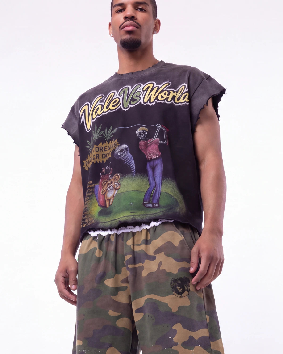 Vale Forever Tiger Hood Tank black, upper body front view on model showing the Vale Vs World golf graphic