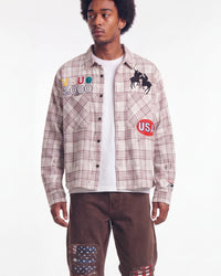 Vale Forever VSU 2000 Flannel brown, upper body front view on model showing the plaid and patchwork graphics